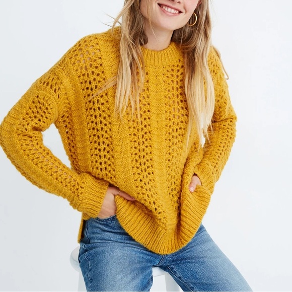 Madewell Windemere Pointelle Pullover Golden Sunset Mustard Yellow Sweater Small - Picture 1 of 16